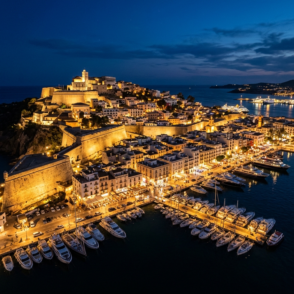 Ibiza senamiesčio tvirtovė naktį