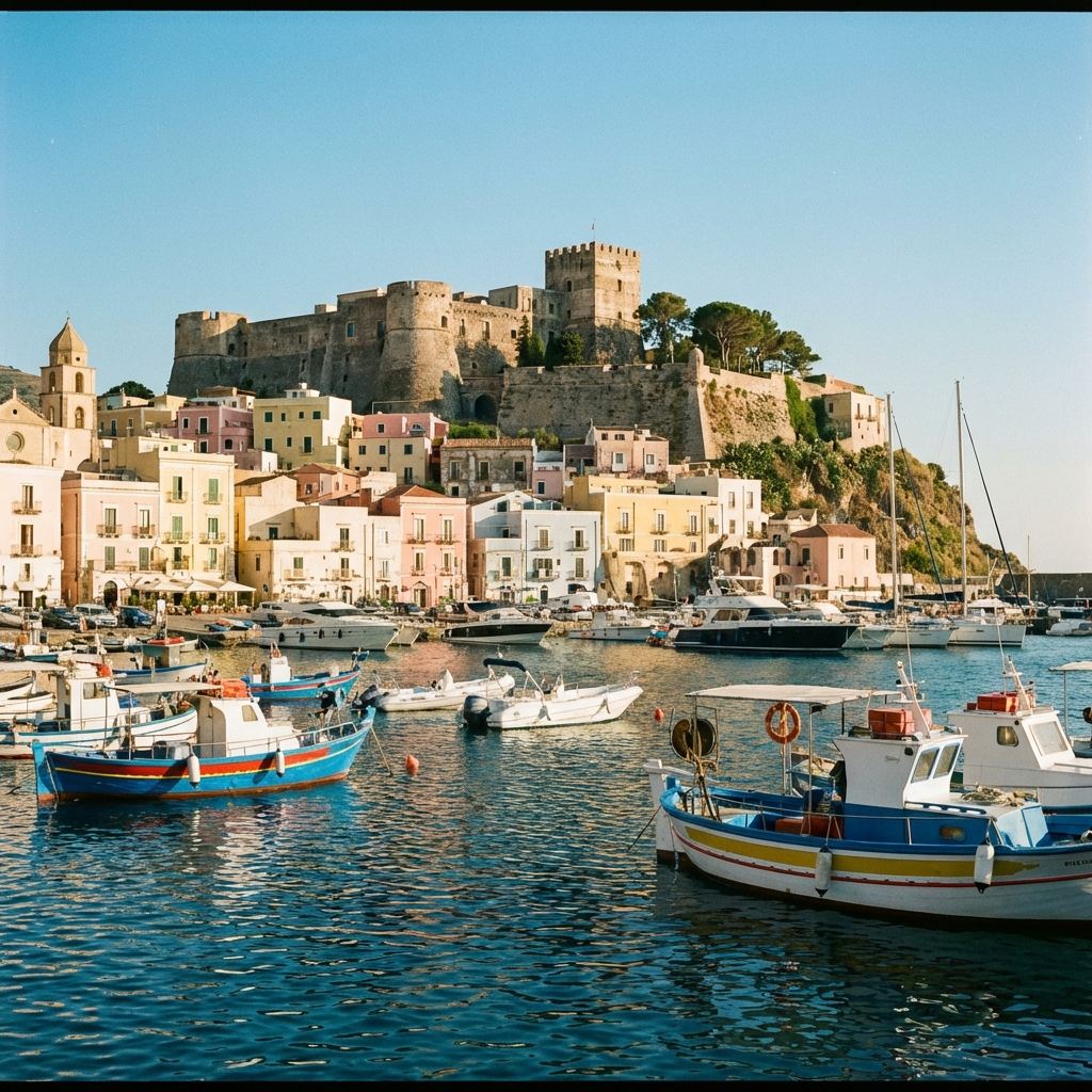 Lipari Island historic castle and harbor, largest of the Aeolian Islands