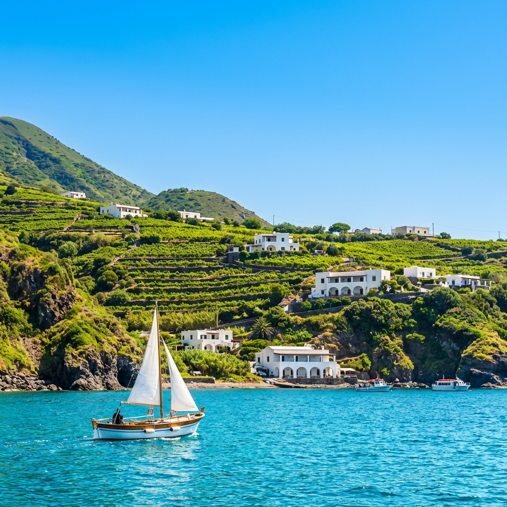 Salina Island lush green vineyards and Malvasia wine country, Aeolian archipelago